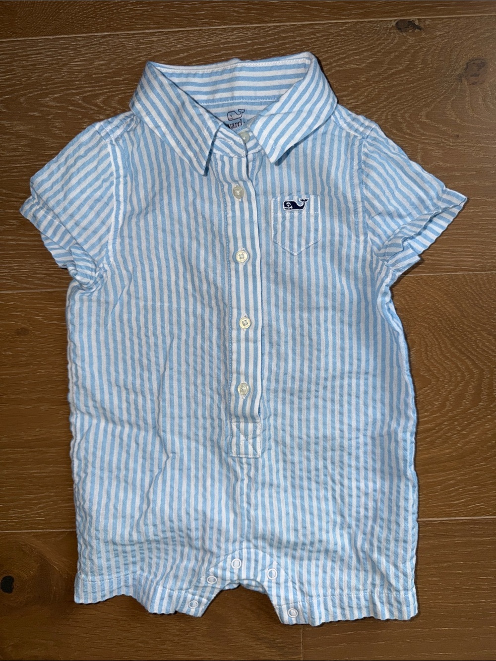 Vineyard Vines Blue & White Seersucker Striped Short-Sleeve Button Romper
